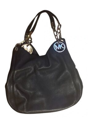 Michael Kors Black Pebbled Leather Fulton Hobo Shoulder Bag with Gold Hardware